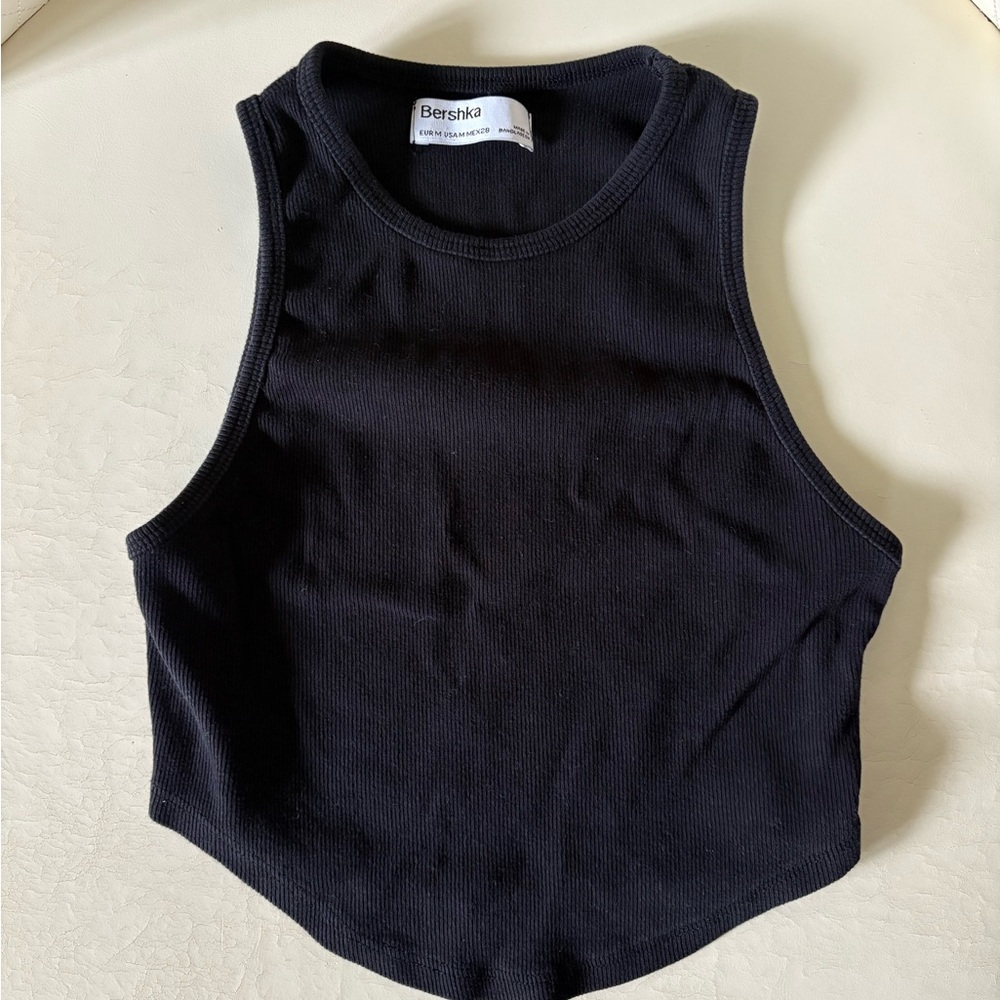 Bershka Black Fitted Crop Tank Top